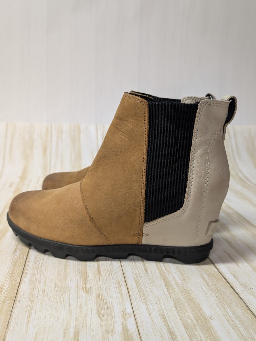 Sorel Two-Tone Chelsea Wedge Booties in Brown, Cream and Black